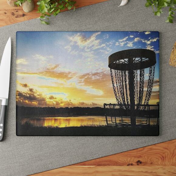 Disc Golf Blue Sunset Glass Cutting Board Discgolf Discgolfer Gift - Picture 4 of 8